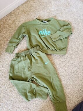 Nike Kids Olive Green Sweatshirt and Joggers with Teal Logo